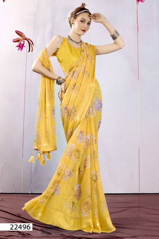 Fancy Georgette Printed Saree With blouse and swaroski stone work border
